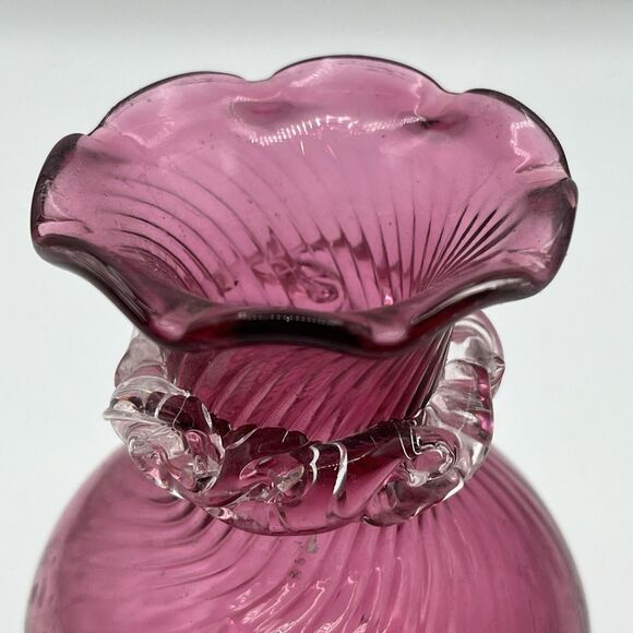 VTG. Cranberry Glass‎ Vase Pilgrim 4.5” Bedford Ruffled Top Applied Glass Collar - Picture 2 of 8